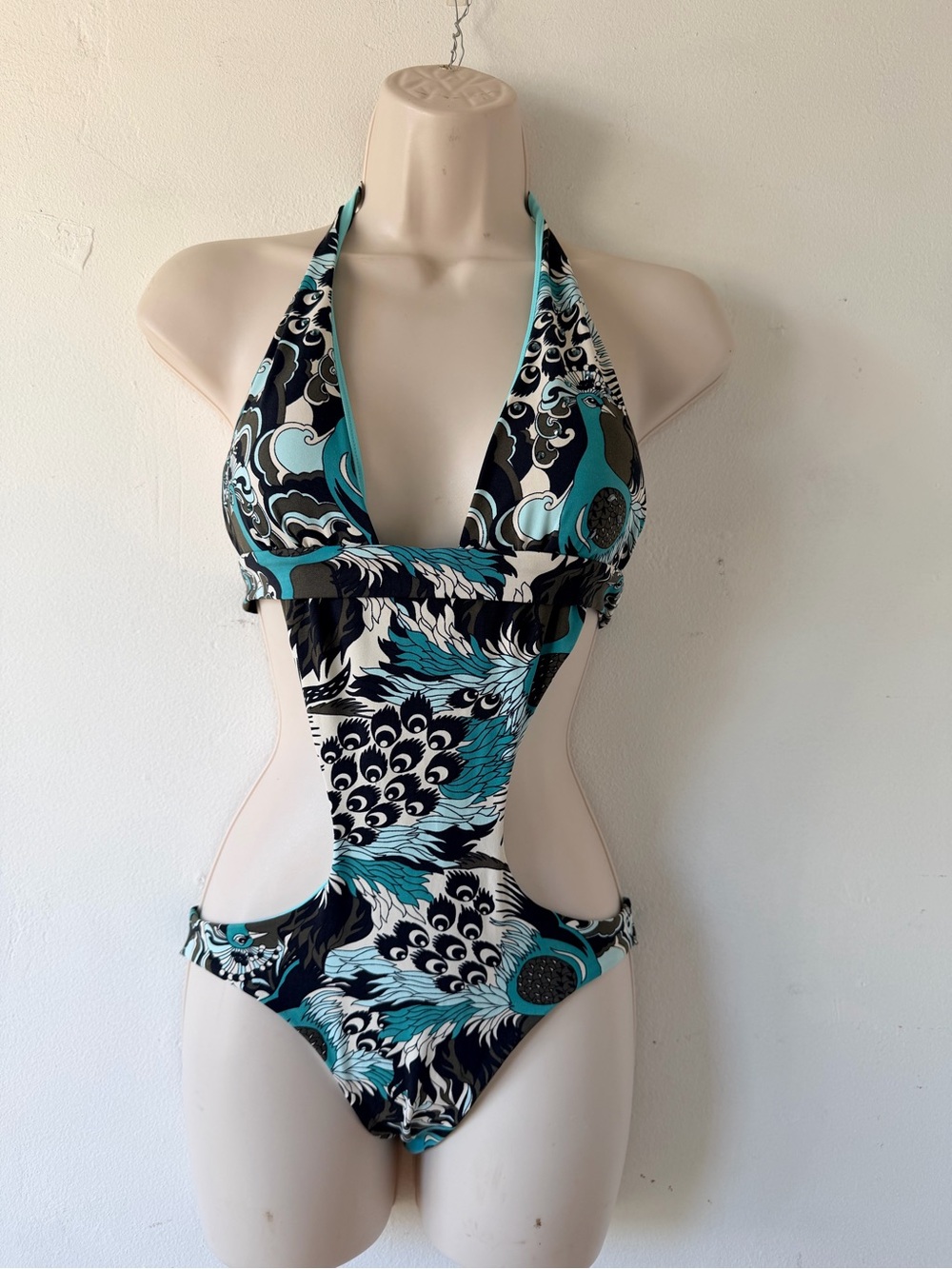 Sauvage  California peacock & Black Graphic Halter Cutout One-Piece Swimsuit